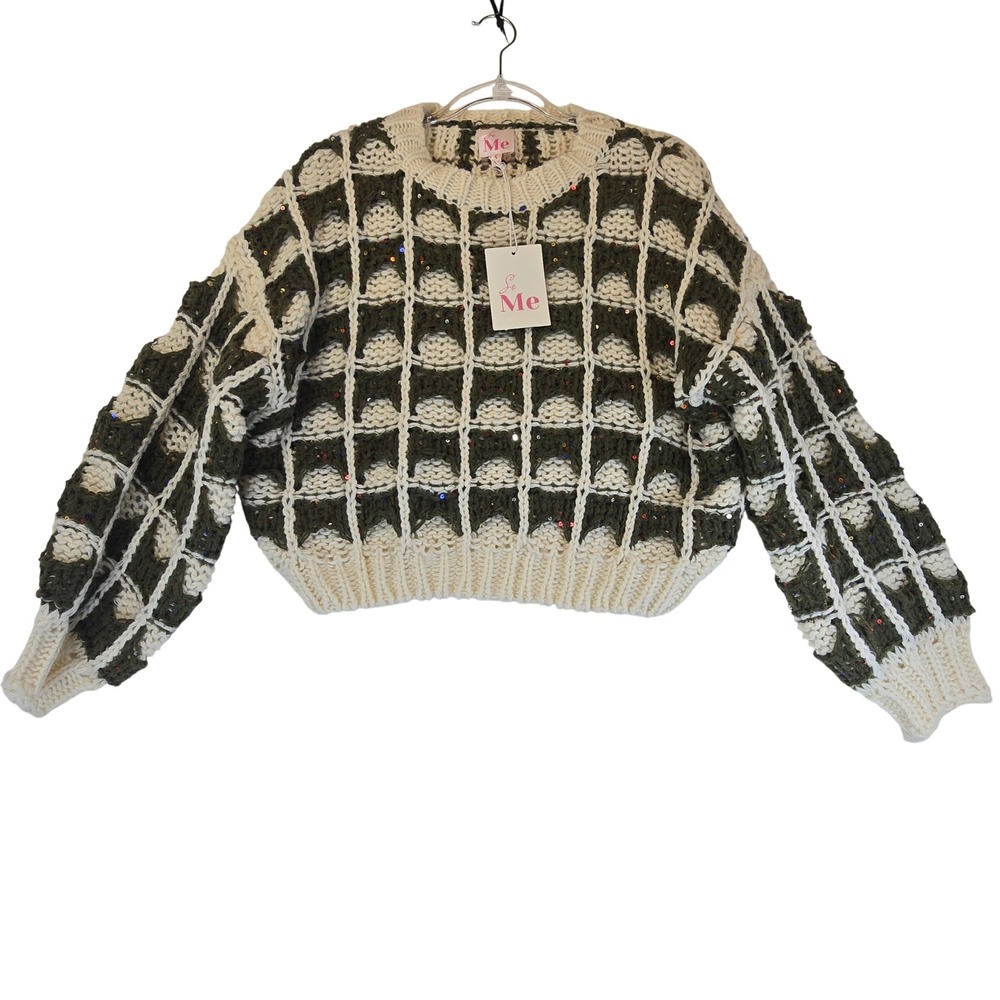 Festive Sequin Sparkle Chunky Knit Sweater Women S Holiday Cropped Boho Neutral